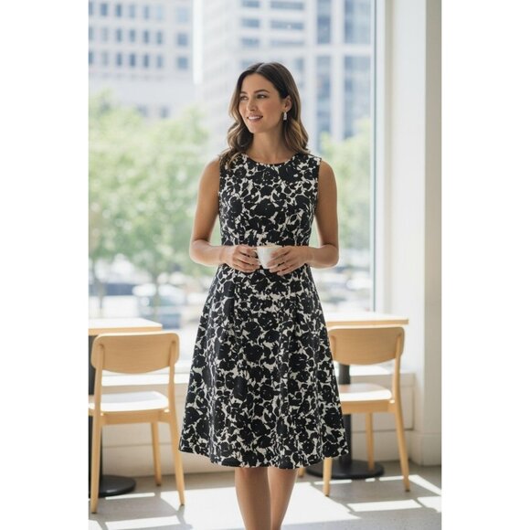 Talbots Black Floral Print Pleated Fit & Flare Midi Dress w/Pockets Size 20W 2X - Picture 1 of 6